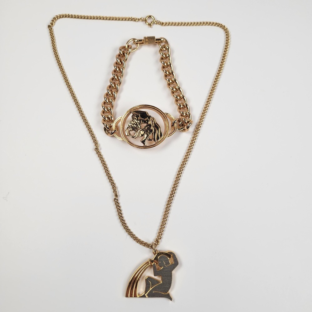 Aquarius Necklace Bracelet‎ Set Gold Tone Zodiac Horoscope Astrology Jewelry